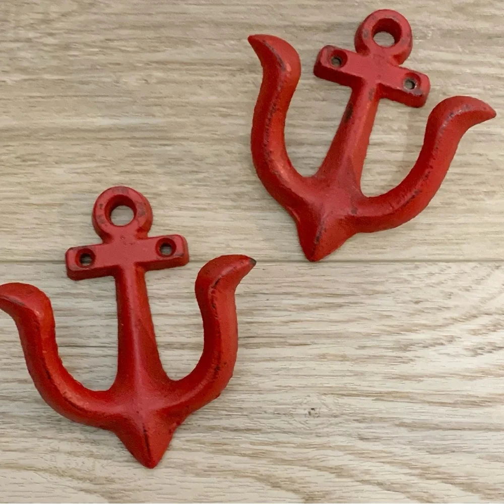 Cast Iron Red Anchor Wall Hooks Hangers Lot of 2
